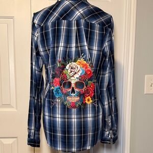 One of a kind, hand stencilled, repurposed, floral skull top